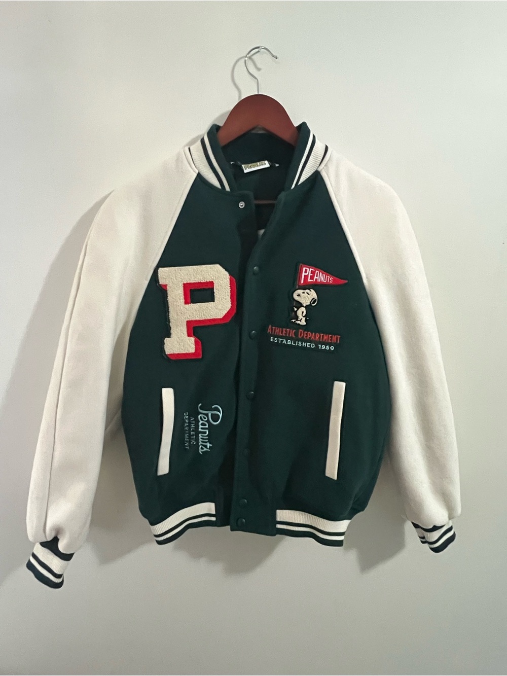 Zara Peanuts Snoopy Varsity Jacket Small Green Cream Bomber Sporting Club Patch